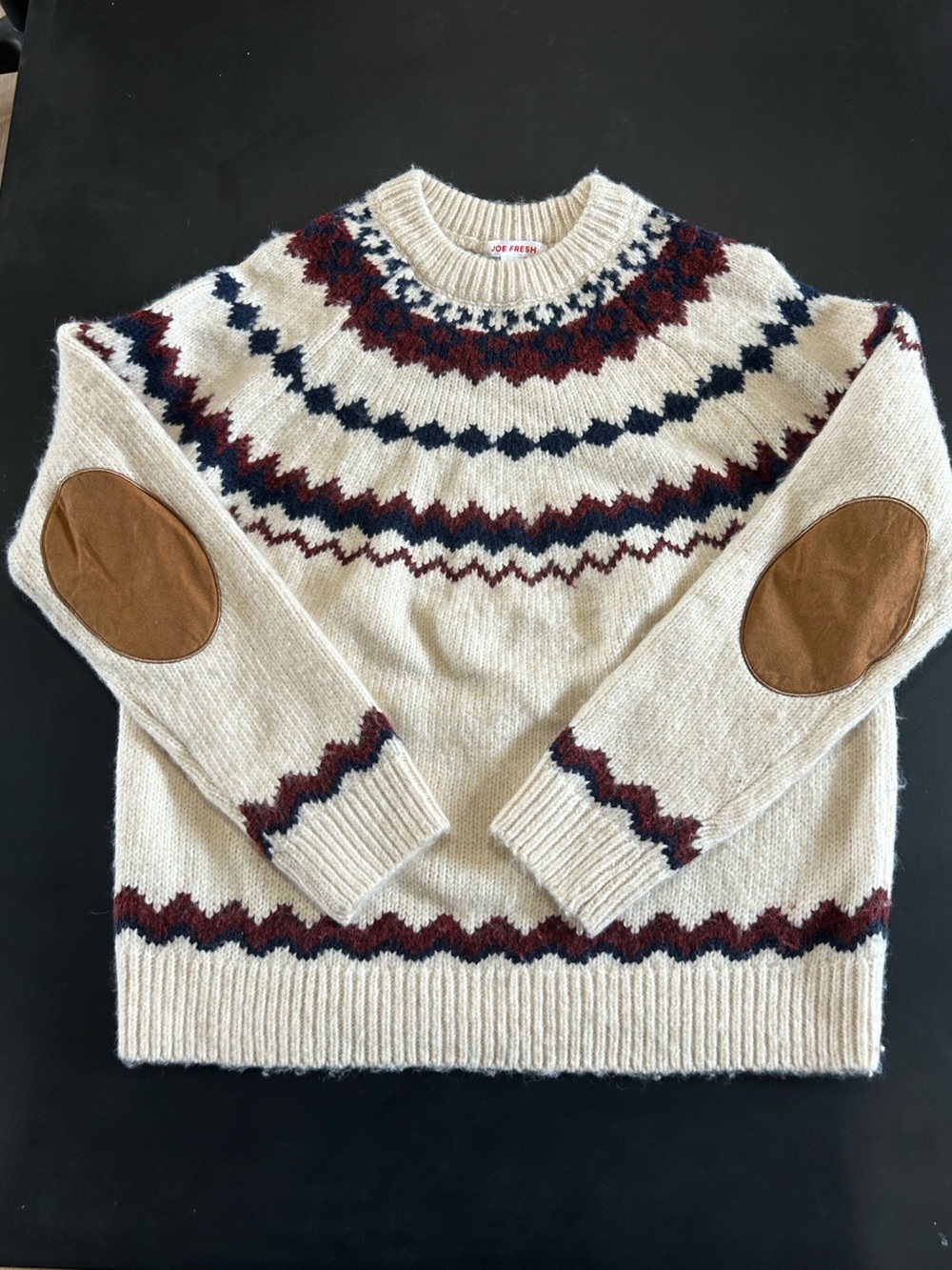 Joe Fresh Cream Knit Crewneck Sweater with Brown Elbow Patches